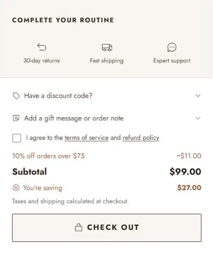 Cart drawer footer: trust icons, discount code field, gift note, terms checkbox, 10% off applied and a You're saving line above checkout