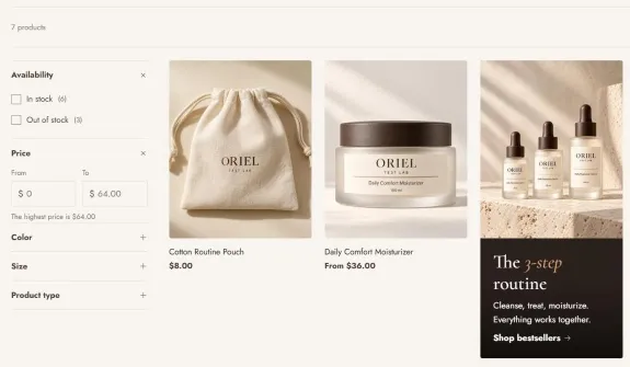 Collection page with availability, price, color, size and product type filters beside a product grid and a promo tile