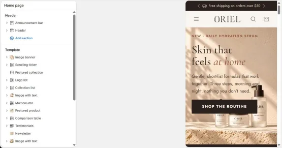 Shopify theme editor with Oriel's homepage sections listed on the left and the mobile preview on the right