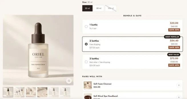 Product page with a Bundle and save block: 1 bottle, 2 bottles marked Most popular with 32% savings, and 3 bottles marked Best value