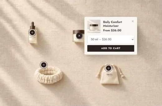 Shoppable image: a flat lay of skincare products with hotspots, one open showing the moisturizer with a size picker and Add to cart